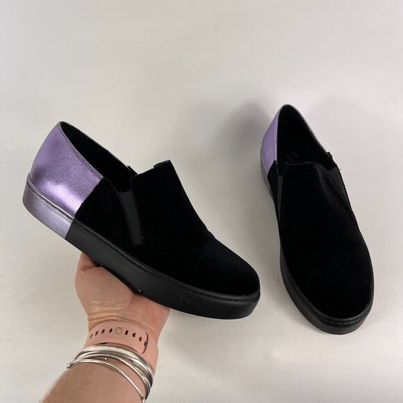 Free People Varsity women's size 7.5 black velvet purple leather slip on shoes - Picture 1 of 11